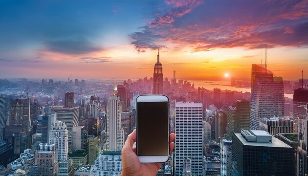 smartphone held aloft cityscape backdrop at dawn