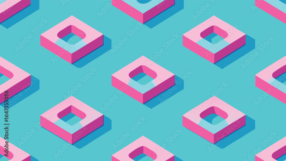 Aufkleber repeating isometric pink cubes with square holes on teal background abstract pattern