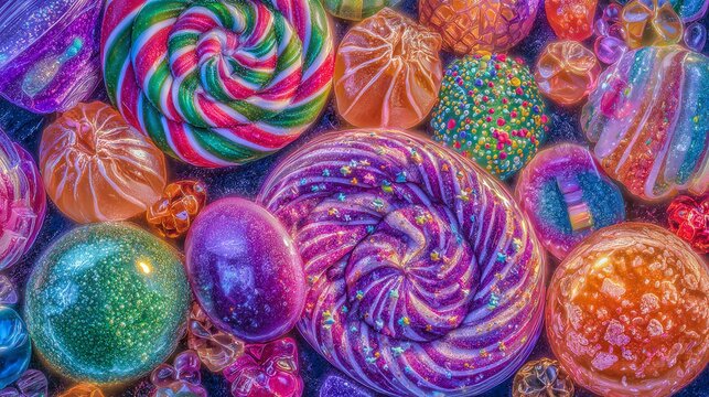 Un assortimento colorato di lecca-lecca e caramelle scintillanti, un'esplosione di dolcezza e divertimento.
