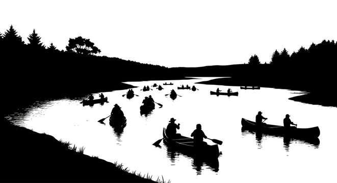 canoeing adventure a serene silhouette of a group canoeing on a calm river perfect for travel adventure and naturethemed designs