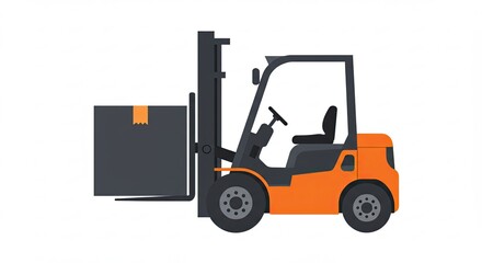 Forklift Truck Lifting Dark Box on White, Modern Logistics
