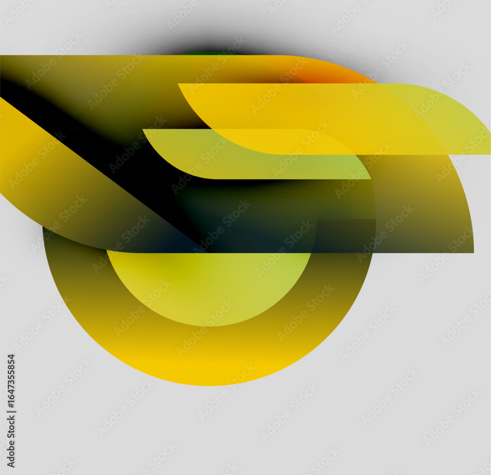 Poster abstract composition featuring overlapping yellow, green shapes. gradient colors create dynamic visu