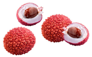 Fresh sweet lychee (litchi) tropical fruit with red rind, white juicy flesh, glossy brown seed. Exotic ingredient for desserts, drinks, cocktails. High-res food photography for packaging and branding