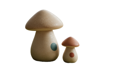 Two highly stylized abstract ceramic sculptures, mushroom-like shapes, larger beige, smaller terracotta, on green moss with soft bokeh, protective nurturing growth concept