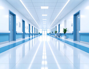 Obraz premium Modern hospital corridor with clean, blue and white interior design, bright lighting, and doors along the hallway