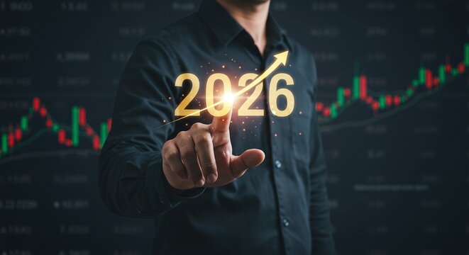 Businessman pointing to glowing 2026 with a rising arrow on a stock market chart background. 2026 New Year Stock Market Business Growth Concept. - Powered by Adobe