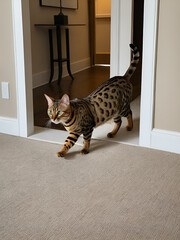 The Bengal cat exits the room warily