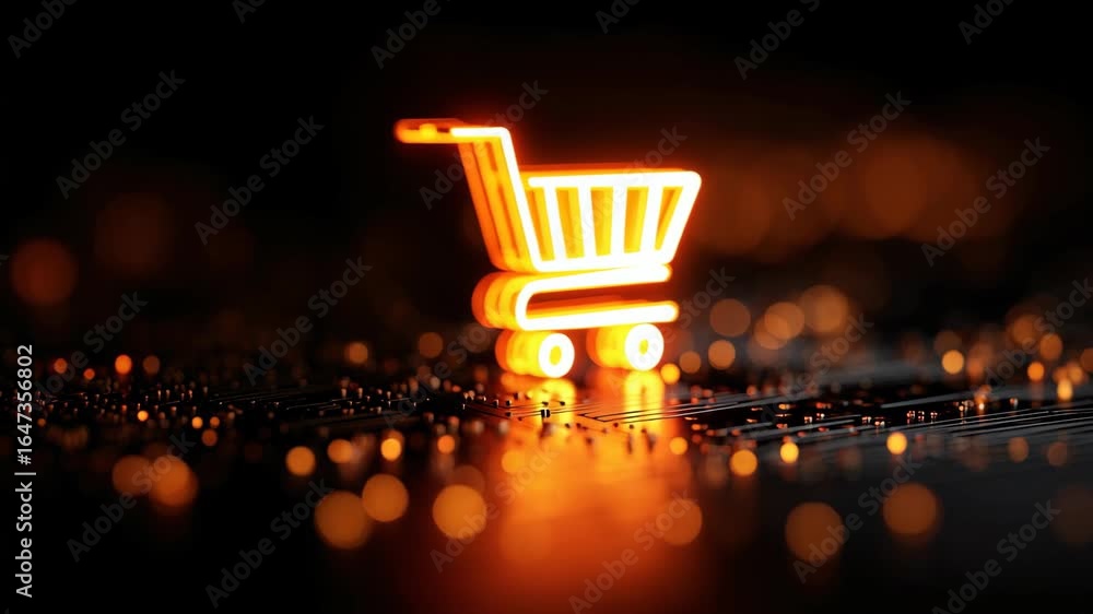 Poster illuminated shopping cart symbol on a circuit board background representing e-commerce, digital mark