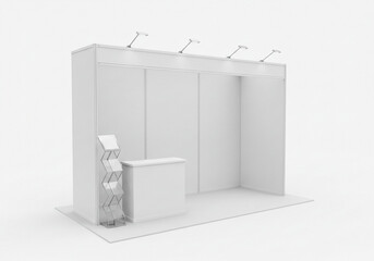 A minimalist white trade show booth with lights and brochure holder on a white background