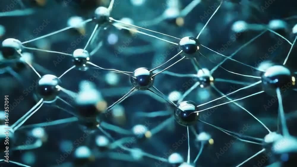 Poster dark tech network with reflective spheres animation video. interconnected shiny metallic nodes anima