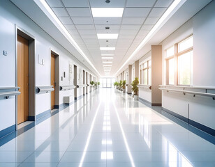 Fototapeta premium Bright Hospital Corridor Clean, Modern Medical Interior with Natural Light