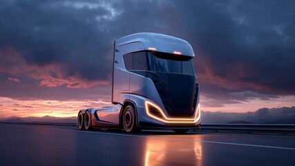 Futuristic electric semi-truck driving on a highway against a colorful sunset sky, showcasing innovation and efficiency in freight transport.