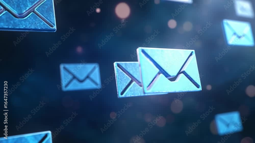 Poster floating mail: envelopes in digital space. communication concept with holographic envelope symbols s