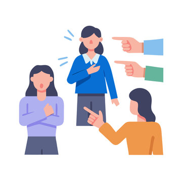 Women hear misogyny and discriminatory remarks from men pointing fingers at frustrated victim. Problem of misogyny based on gender stereotypes and infringement of rights of girls in workplace See Less