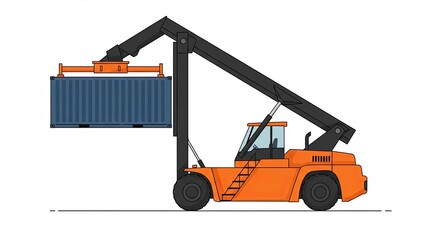 Orange Container Handler Lifting Blue Cargo Container Flat Illustration