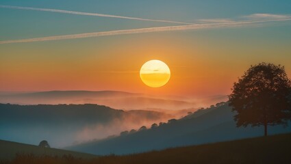 Fototapeta premium Sunrise over rolling hills with mist and a lone tree, capturing a peaceful morning landscape.