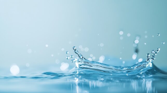 Clear water splash with droplets and blue bokeh background