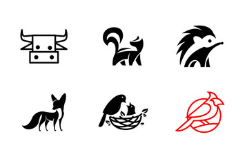Minimalist Animal Icon Set: Cow, Skunk, Fox, Hedgehog, Birds