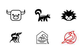 Fototapeta premium Set of animal logos: bull, skunk, hedgehog, bird icons