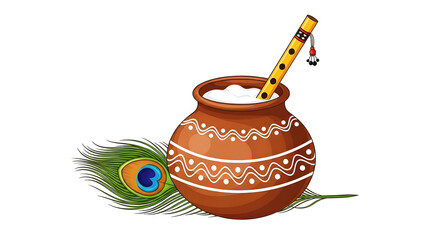 A clay pot filled with creamy milk, adorned with a flute and a peacock feather, evokes the essence of Krishna's divine presence.