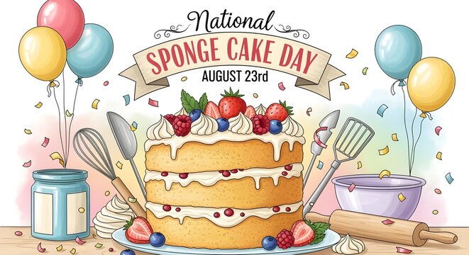Colorful illustrated poster celebrating National Sponge Cake Day
