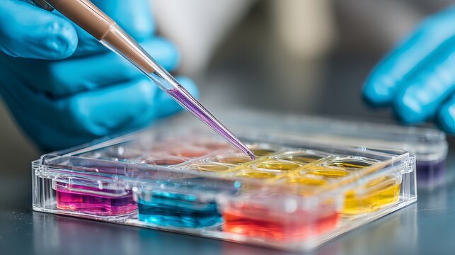 Close-up of a female scientist's hands using a pipette with colorful liquid samples.