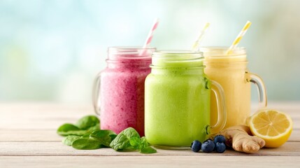 Three colorful smoothies in mason jars sit on a wooden surface, surrounded by fresh ingredients like spinach, blueberries, and ginger.