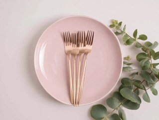 Rose Gold Forks on Pink Plate Minimalist Table Setting