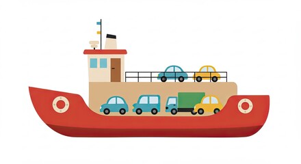Cartoon Ferry Boat with Cars Isolated on White, Red Transporting Colorful Vehicles