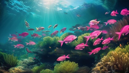 Fototapeta premium a school of vibrant pink fish swim in a lush green underwater paradise