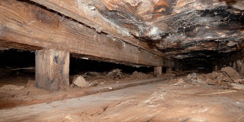 床下空間の腐敗した木材支持部