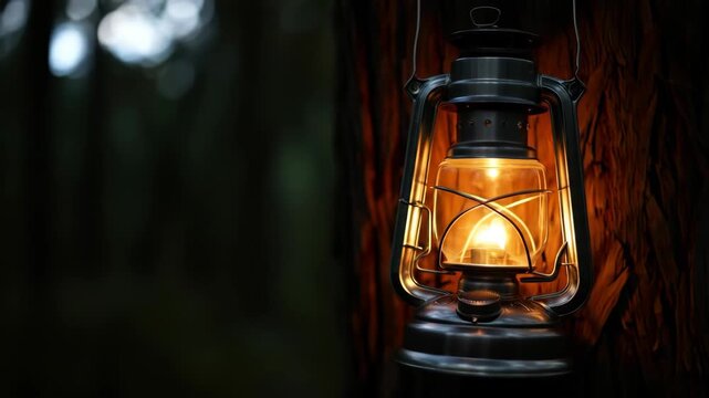 A vintage oil lantern glowing warmly as it hangs from a tree in the forest