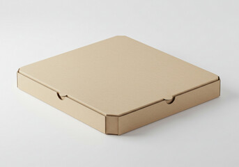 Naklejka premium A simple square pizza box made of brown cardboard sitting on a plain white surface in studio light