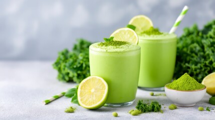 Refreshing green smoothies with lemon slices and fresh kale, garnished with mint, set against a blurred background.