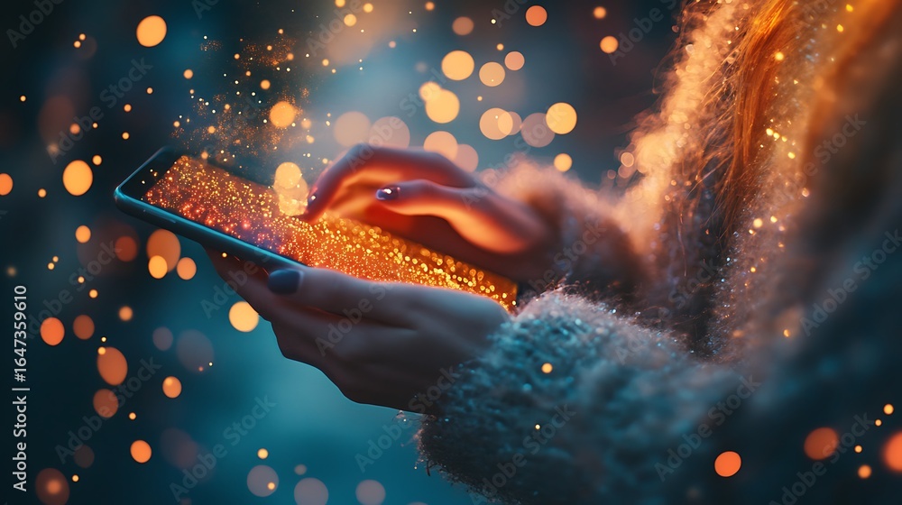Poster woman using a smartphone with glowing screen and bokeh lights creating a magical and futuristic atmo