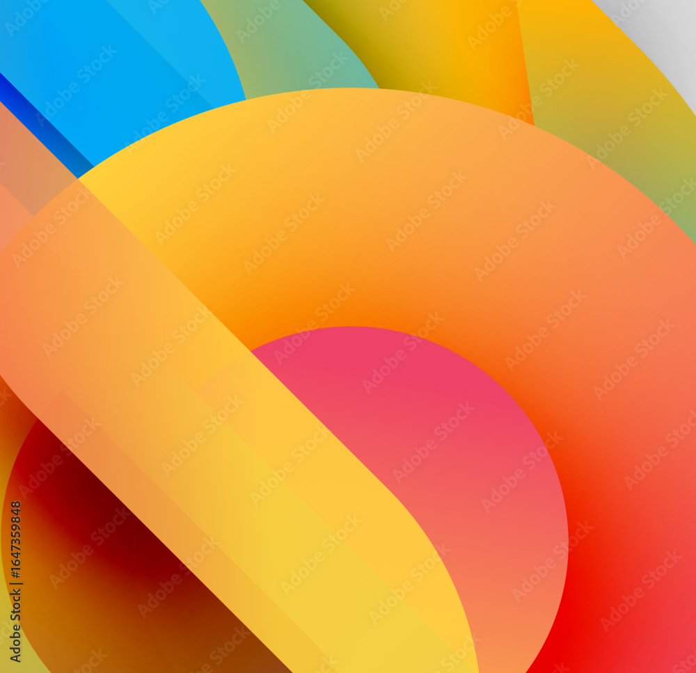 Poster abstract colorful shapes overlap. gradient hues create dynamic visual effect. bright tones dominate 