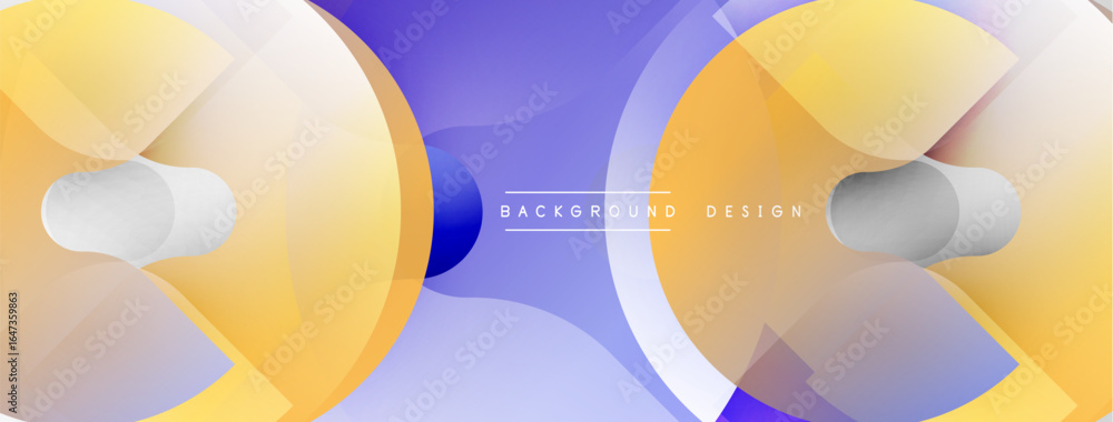 Poster abstract geometric shapes overlap, creating dynamic visual effect. yellow, purple, white hues blend 