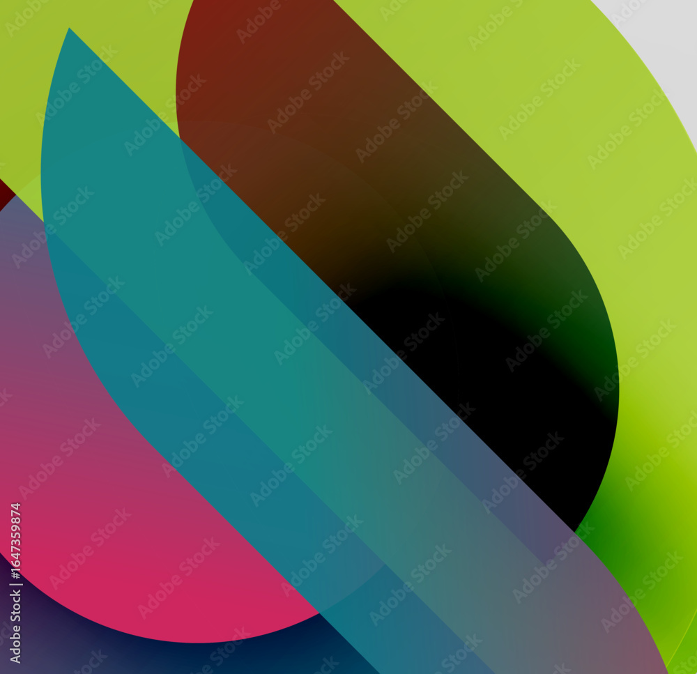 Poster abstract composition. overlapping shapes create dynamic visual effect. colors blend, forming gradien