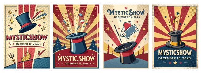 Vintage-style poster set promoting a magic show featuring top hats and playful illusions.