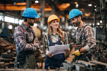 Female metalworker in safety gear leads a blueprint discussion with two male colleagues in an industrial workshop, surrounded by machines and tools.