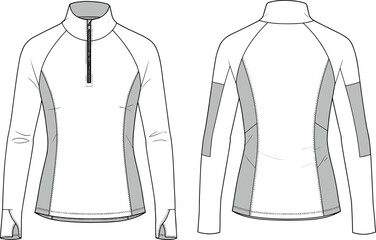 Women’s athletic zip pullover, long sleeve sports top vector, high neck activewear CAD, fitted workout shirt template, technical fashion flat illustration © kulsum creatives