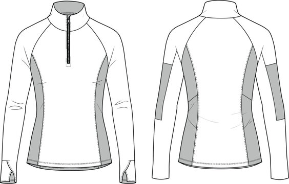 Women’s athletic zip pullover, long sleeve sports top vector, high neck activewear CAD, fitted workout shirt template, technical fashion flat illustration