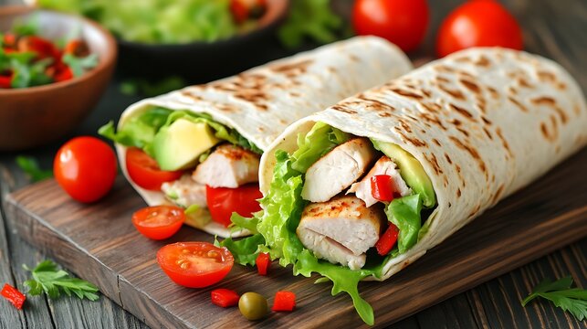Close up of two chicken wraps with lettuce tomato and avocado on a wooden board with salad behind it