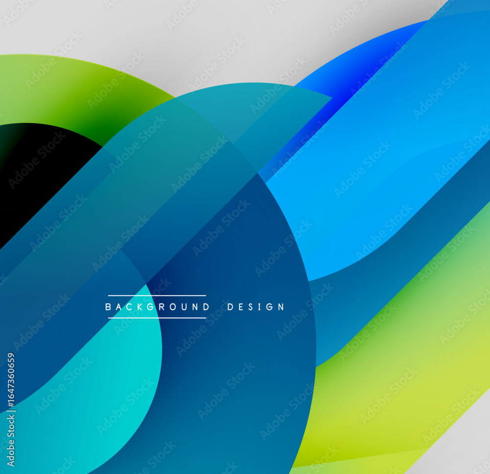 Poster abstract design features overlapping colorful shapes. blue, green, yellow hues create dynamic visual
