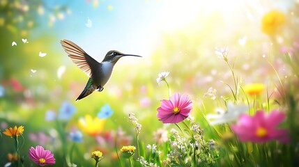 Fototapeta premium A hummingbird flying over a field of colorful flowers in a bright and sunny spring meadow setting