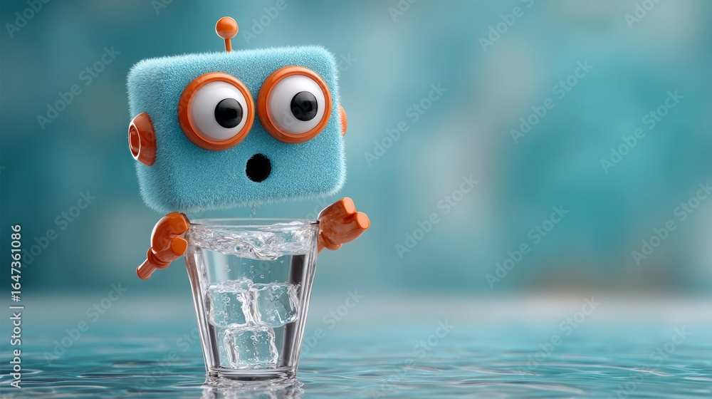 Poster robot is standing in front of a glass of water. the robot is looking at the camera with a surprised 