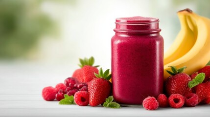 A vibrant smoothie jar surrounded by fresh strawberries, raspberries, and a banana, showcasing a healthy, colorful snack on a wooden surface.