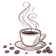 Hot coffee cup with steam and beans saucer