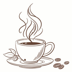 Hot coffee cup with steam and beans beverage