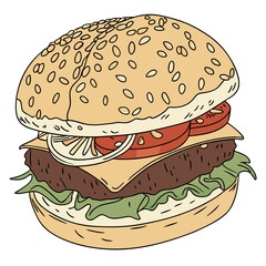 Burger with sesame bun cheese tomato and lettuce vector